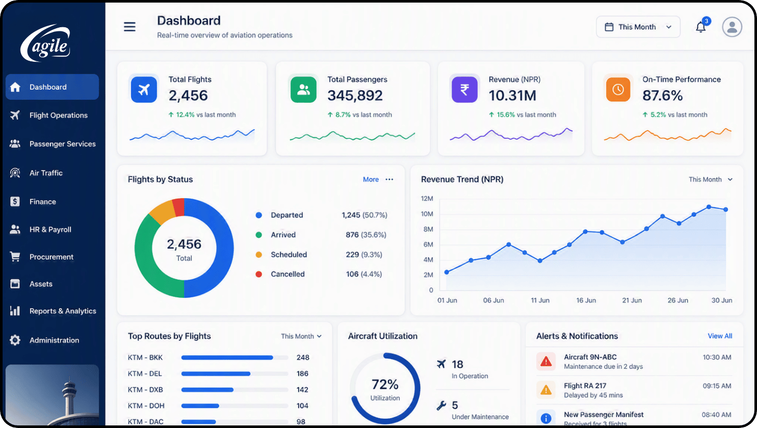 Aviation dashboard ERP with flight, revenue, operations analytics